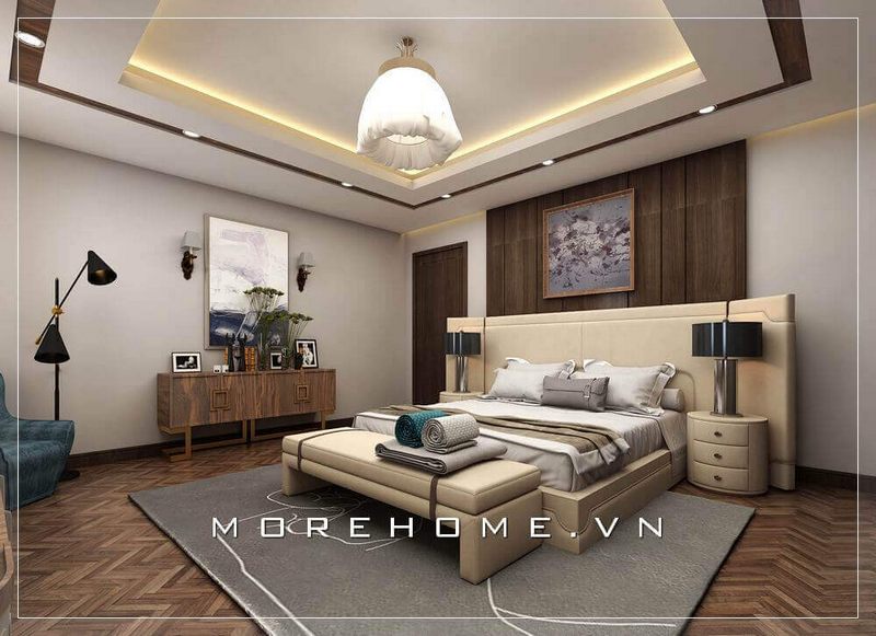Thiết kế giường ngủ Master hiện đại và sang trọng, gam màu be nhẹ nhàng vừa mang lại sự tinh tế, vừa tạo điểm nhấn ấn tượng cho cả không gian căn phòng
